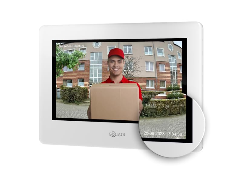 Digitaler Bildschirm oder Tablet-Display, auf dem ein Video-Chat oder eine Schnittstelle zur Sendungsverfolgung mit Wohngebäuden im Hintergrund angezeigt wird.