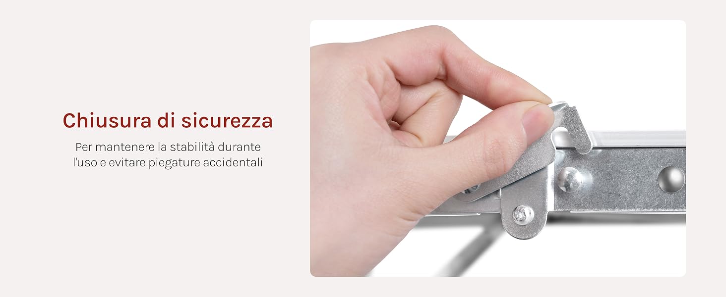 Il testo recita «Chiusura di sicurezza». Immagini multiple che illustrano le fasi di installazione di un dispositivo di chiusura o chiusura di sicurezza in metallo.