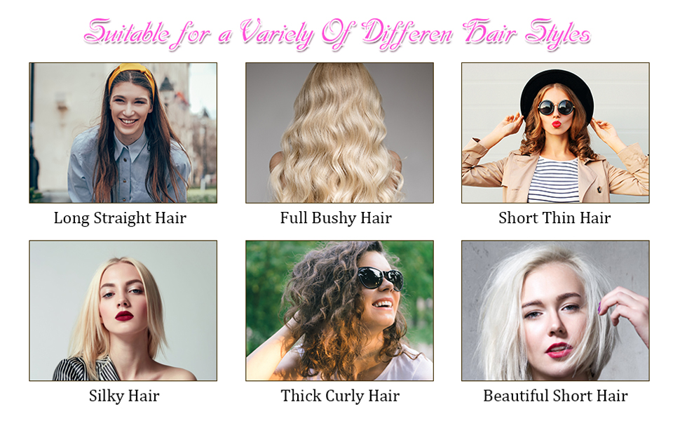 Reference guide showing six different hairstyle categories with demonstration photos, labeled for various hair types from straight to curly.