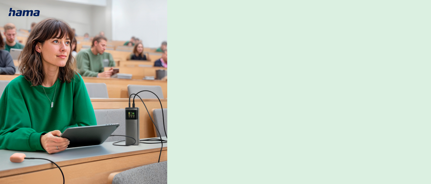 Text reads 'hama'. Marketing photo showing workspace setup with tablet device being used in office or educational environment.