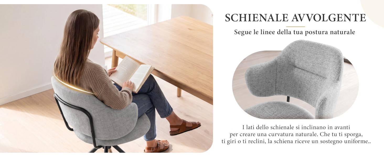 Il testo recita: 'SCHIENALE AVVOLGENTE'. Donna seduta su una sedia imbottita grigia, ripresa dal profilo laterale che mostra il design ergonomico dello schienale e la struttura della seduta imbottita.