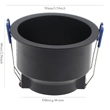 Mehrere Ansichten eines schwarzen runden Adapters oder einer Halterung mit technischen Daten, die unterschiedliche Winkel und Maße anzeigen.