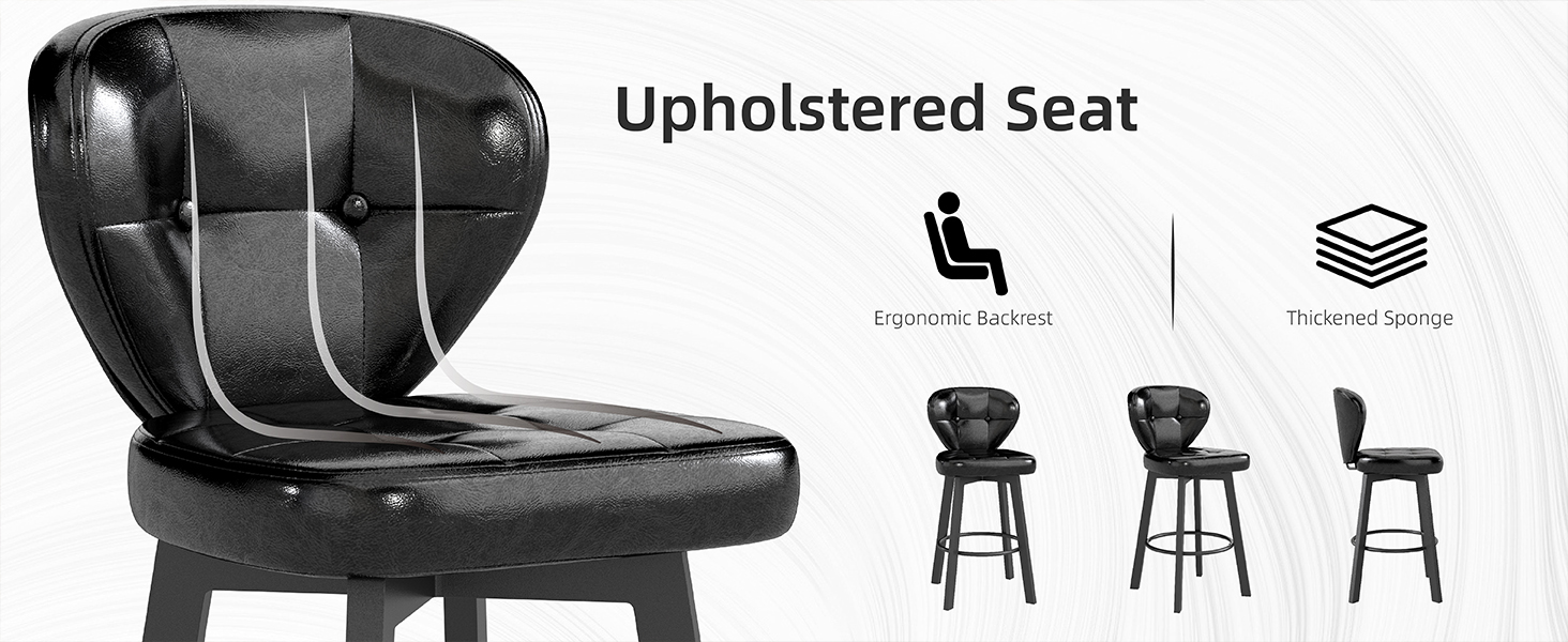 Text reads 'MULTIPLE COLORS' and 'Upholstered Seat'. Black upholstered chair product shown from multiple angles with variations.