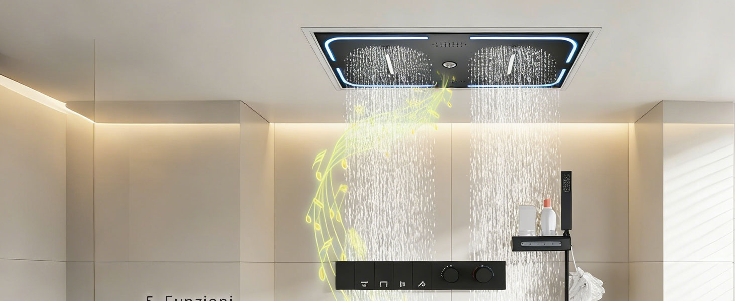 Vista dall'alto degli interni moderni del bagno/cucina con pareti in piastrelle bianche, specchio con cornice dorata e apparecchio rettangolare a soffitto nero con motivo lineare di diffusione della luce.