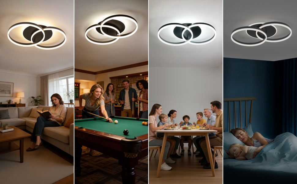 Serie moderner LED-Deckenleuchten mit überlappenden Ringdesigns, die in weißen und warmen Tönen beleuchtet sind und in verschiedenen Raumeinrichtungen wie Wohnräumen und Spielzimmern zu sehen sind.
