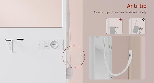 Text reads 'Anti-Slip' and 'Teeth-fixing strips one-secondarily.' Flat lay showing white wall outlet, charging cable, and product installation components on pink background.