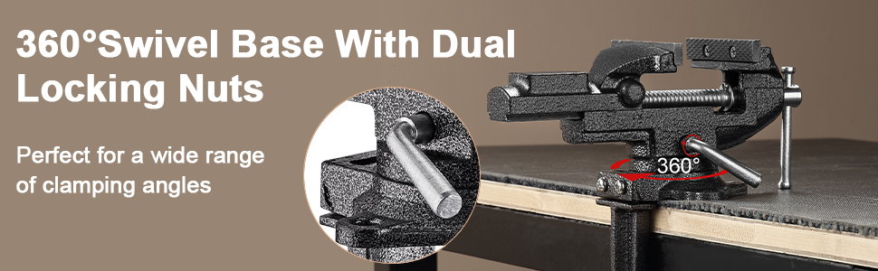 Base giratoria de 360° con tuercas de bloqueo dobles para sujetar. Cuenta con una abrazadera de metal texturizado sobre una superficie de madera, que destaca su amplia gama