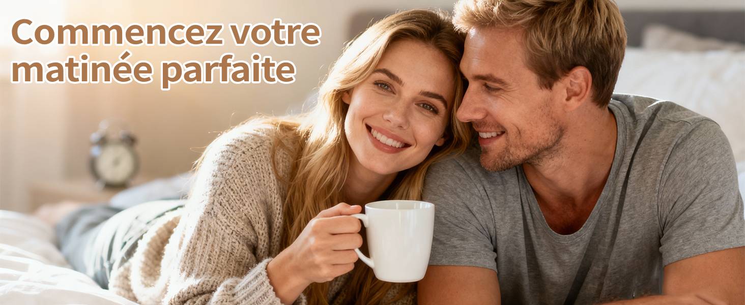 El texto dice: 'Comienza tu mañana perfecta'. Indica la taza de café y la configuración del desayuno.