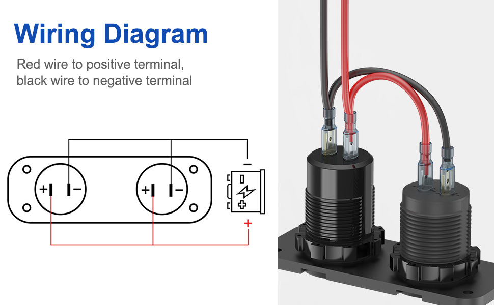 Schéma de câblage et image du produit pour les bornes électriques. Le schéma montre les connexions des fils rouge et noir. L'image montre deux composants cylindriques noirs avec des attaches filaires.