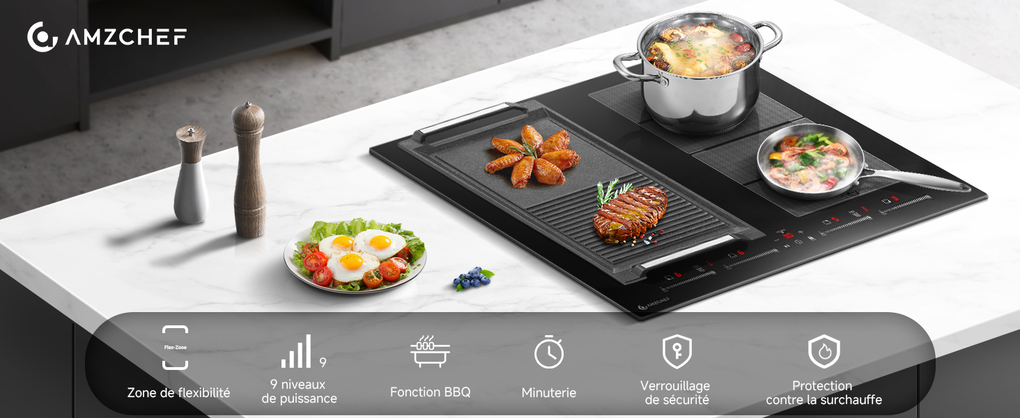 Table de cuisson à induction moderne avec plusieurs zones de cuisson. Montre divers plats en cours de préparation, notamment du steak, de la soupe et des œufs. L'interface affiche les fonctions de cuisson et la minuterie.