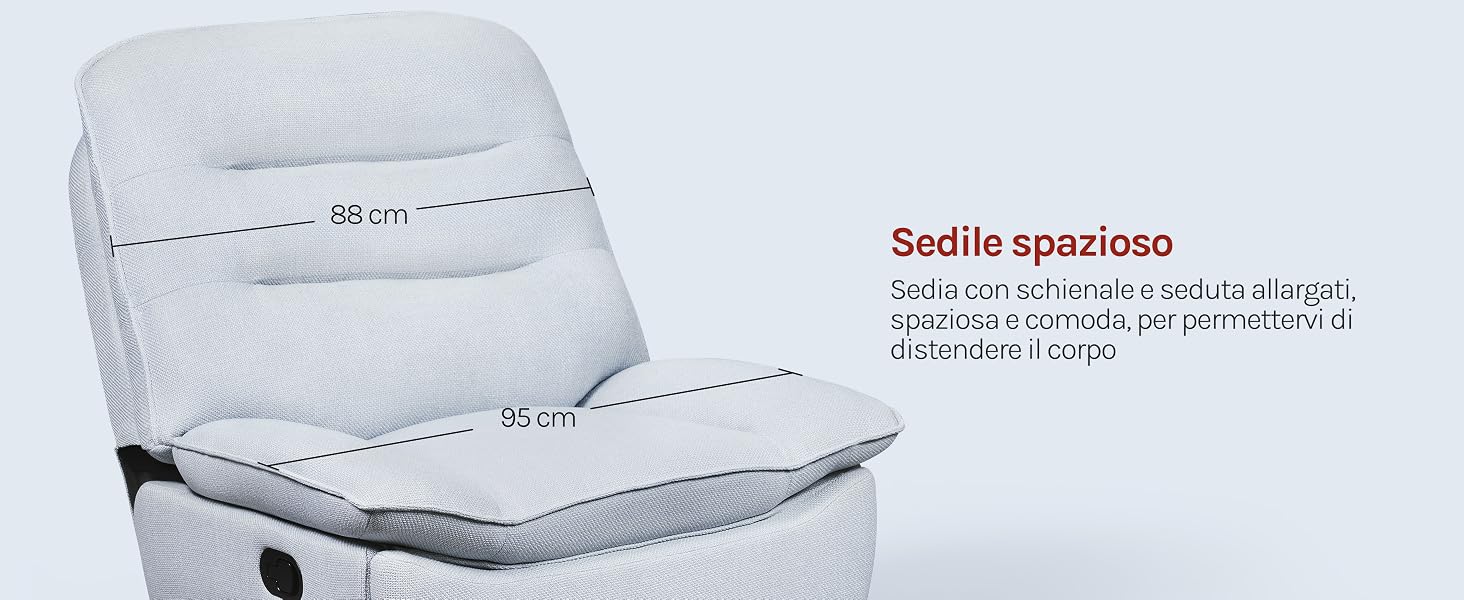 Il testo recita «Sedile spazioso» con misura «Mis». Il cuscino del sedile imbottito grigio chiaro, visto dall'alto, presenta una linea dimensionale che indica la spaziosa superficie di seduta.