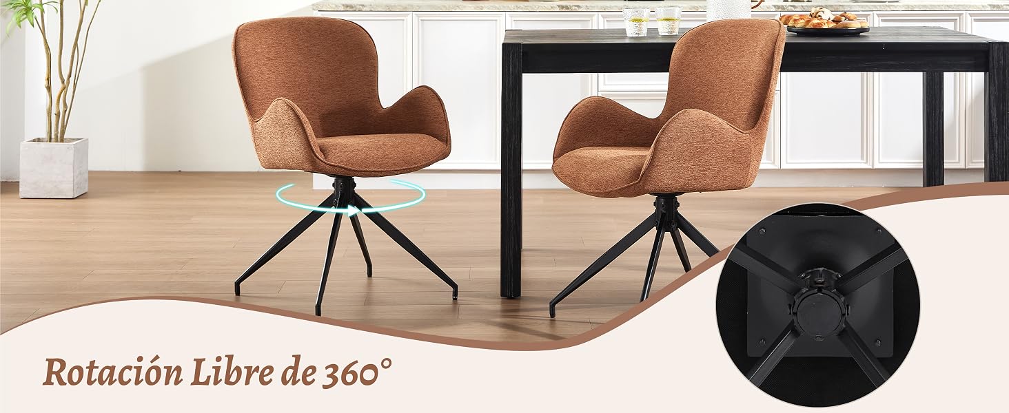 Presentación de diapositivas de una silla giratoria tapizada de color marrón en una sala de estar moderna. El texto dice «Rotación libre de 360°», lo que indica la función de rotación de 360 grados.