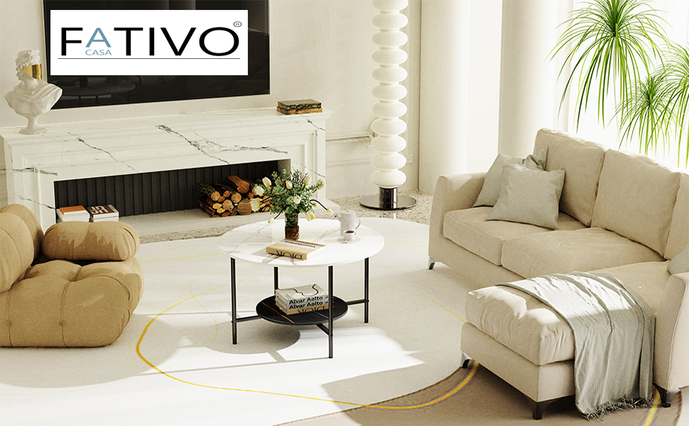Tavolino da Salotto,Marmo Rotondo Tavolino con gambe in metallo,Scaffale Aperto bianco