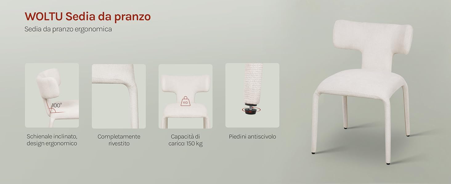 Il testo recita: 'WOQU Sedia da pranzo'. Diagramma del prodotto che mostra diverse viste del design della sedia da pranzo bianca in stile minimalista.