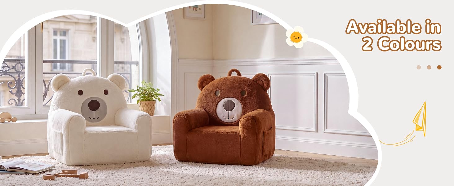 Text reads: 'Available in 2 Colours.' Two plush bean bag chairs with embroidered bear faces—one cream-colored, one brown—positioned in bright bedroom with natural lighting and potted plants.