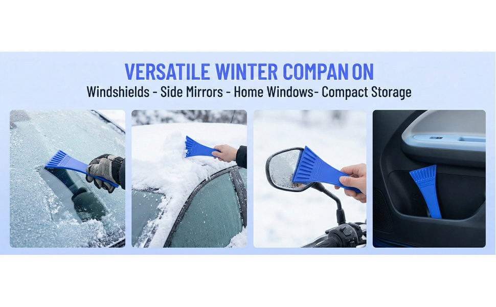 Text reads 'VERSATILE WINTER COMPANION'. Series of demonstration images showing snow and ice-related usage scenarios.