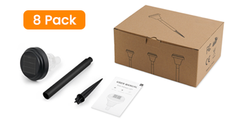 Brown cardboard box labeled '8 Pack' with black cylindrical objects and a thin rod visible next to it.