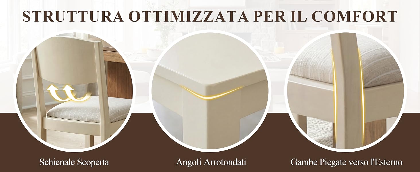 Il testo recita «STRUTTURA OTTIMIZZATA PER IL COMFORT» (Struttura ottimizzata per il comfort). Tre immagini circolari di dettaglio mostrano: 'Schienale Scavato' (schienale curvo), 'Angoli arrotondati' (angoli arrotondati), 'Cuscini Pagati Semi-Imbotmo' (cuscini parzialmente imbottiti).