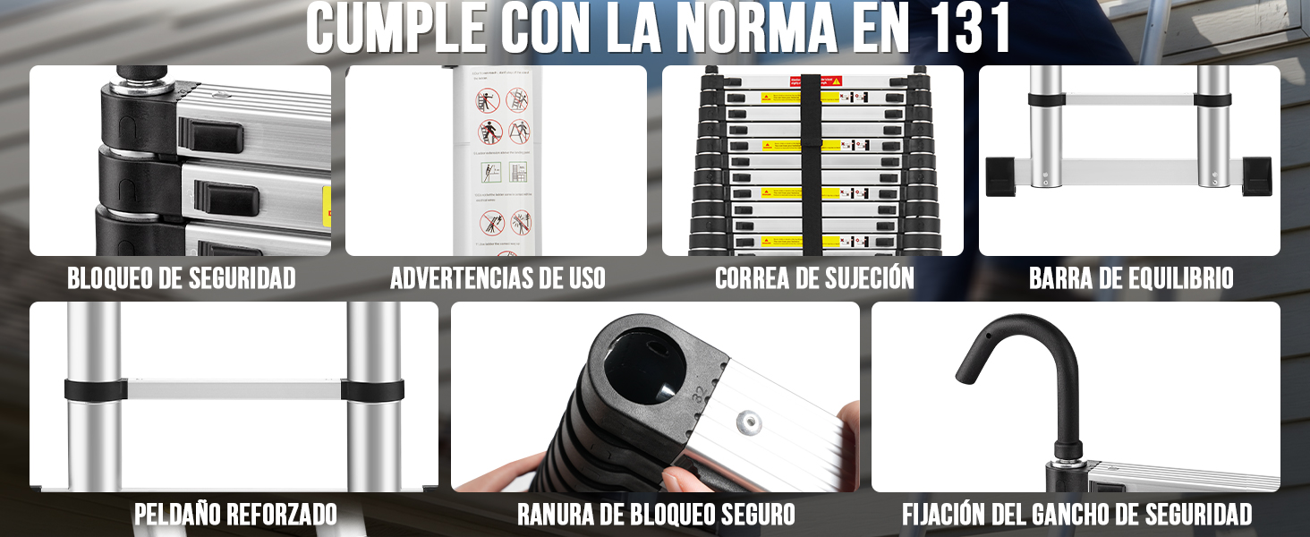 El texto dice «CUMPLE CON LA NORMA EN 131». Cuadrícula de 6 imágenes técnicas de productos que muestran diversas características estructurales y de seguridad de lo que parecen ser componentes del equipo.