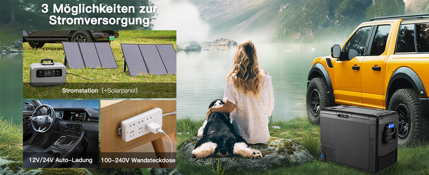 Marketingcollage mit Sonnenkollektoren, Akkupack und gelbem Geländewagen in natürlicher Umgebung, die die Stromversorgungsoptionen für Outdoor-Aktivitäten demonstriert