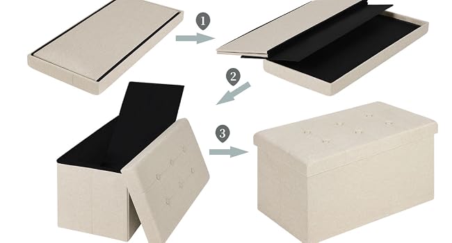 Sequenza di assemblaggio di una scatola portaoggetti pieghevole, che mostra la trasformazione da pannelli piatti a contenitore bianco assemblato con interno nero.