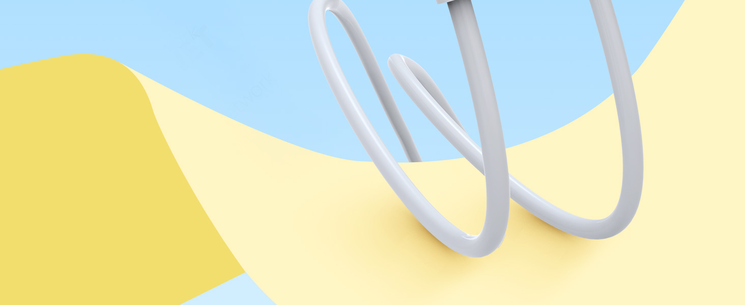 A white, curved metal wire forming a looped shape, resting on a surface with yellow and light blue color blocks.