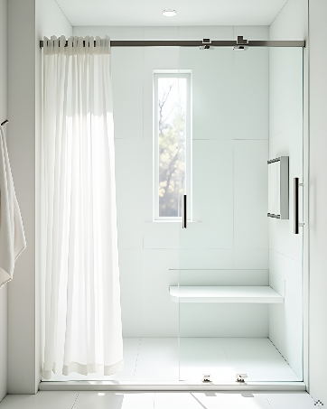 Frameless glass shower enclosure with brushed silver hardware, sliding glass doors, white curtain rod, and light gray tile surround in modern bathroom.