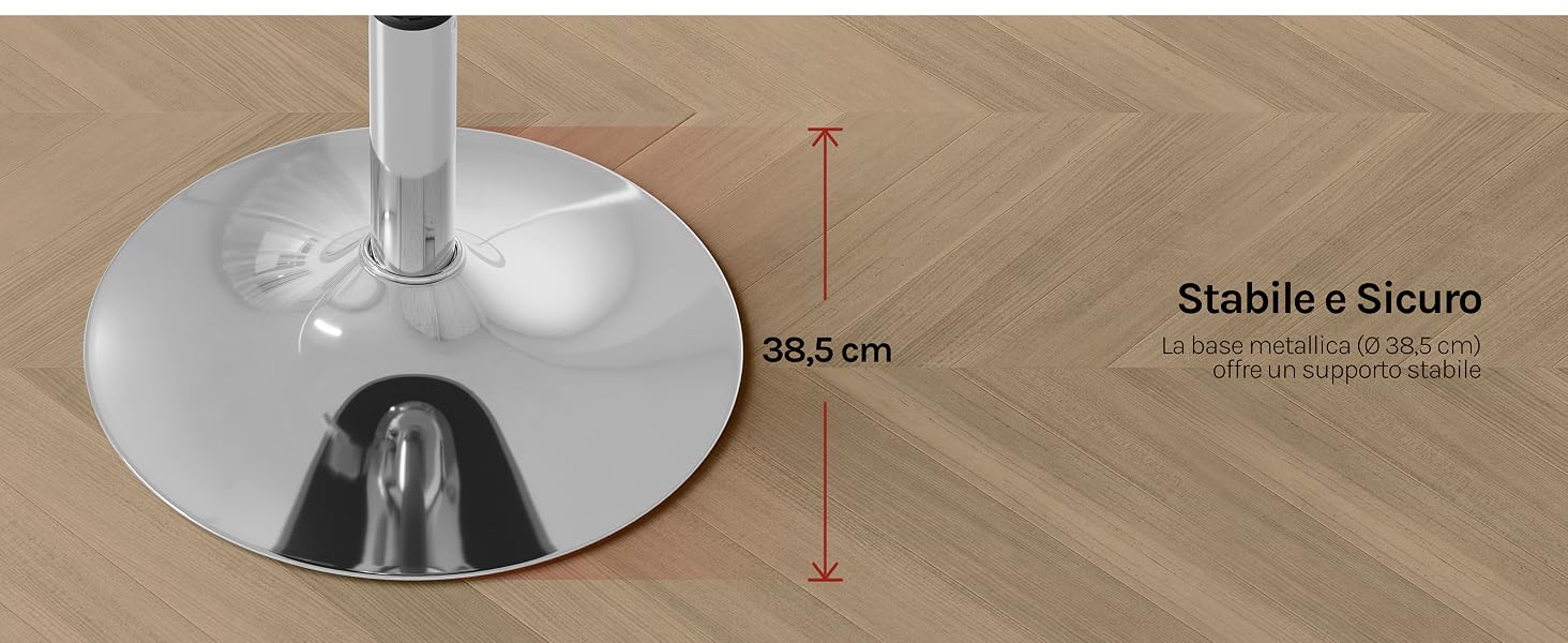 Base circolare con finitura cromata con misure di altezza visibili.
[SENTENCE 7] Diagramma tecnico che mostra le dimensioni e le specifiche di una base di supporto.