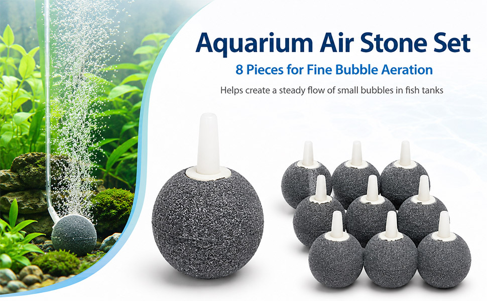 Text reads "Aquarium Air Stone Set" and "8 Pieces for Fine Bubble Aeration". Gray stone air diffusers arranged in group with aquatic plants, promoting fine bubble aeration in aquariums.
