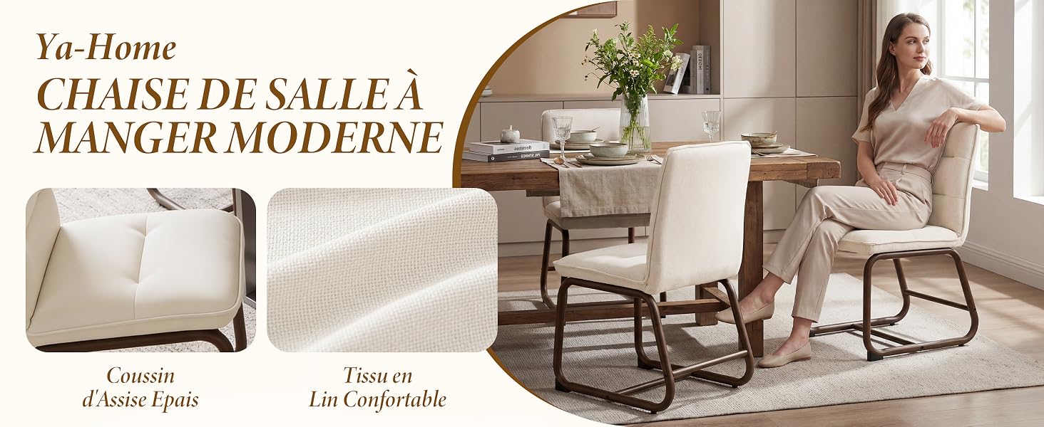 Le texte indique « Ya Home CHAISE DE SALLE À MANGER MODERNE ». Fauteuil à bascule rembourré beige présenté dans le salon.