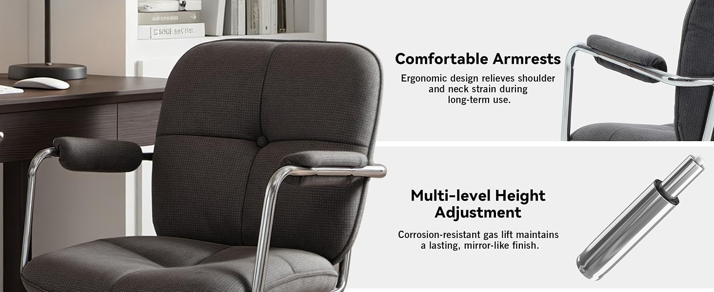 Text reads 'Comfortable Armrests' and shows detailed technical drawings or specifications of chair armrest components and measurements.
