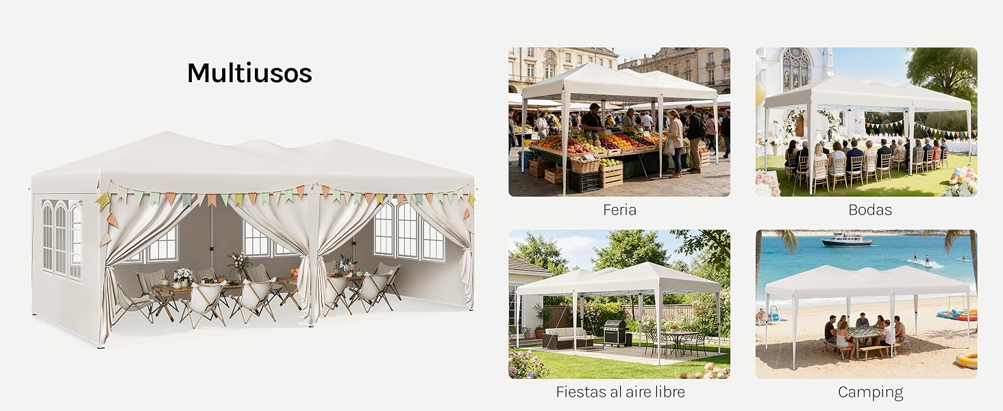 El texto dice «Multiusos». Colección de imágenes de lugares para eventos al aire libre que muestran diferentes configuraciones de carpas, sillas y espacios de reunión.