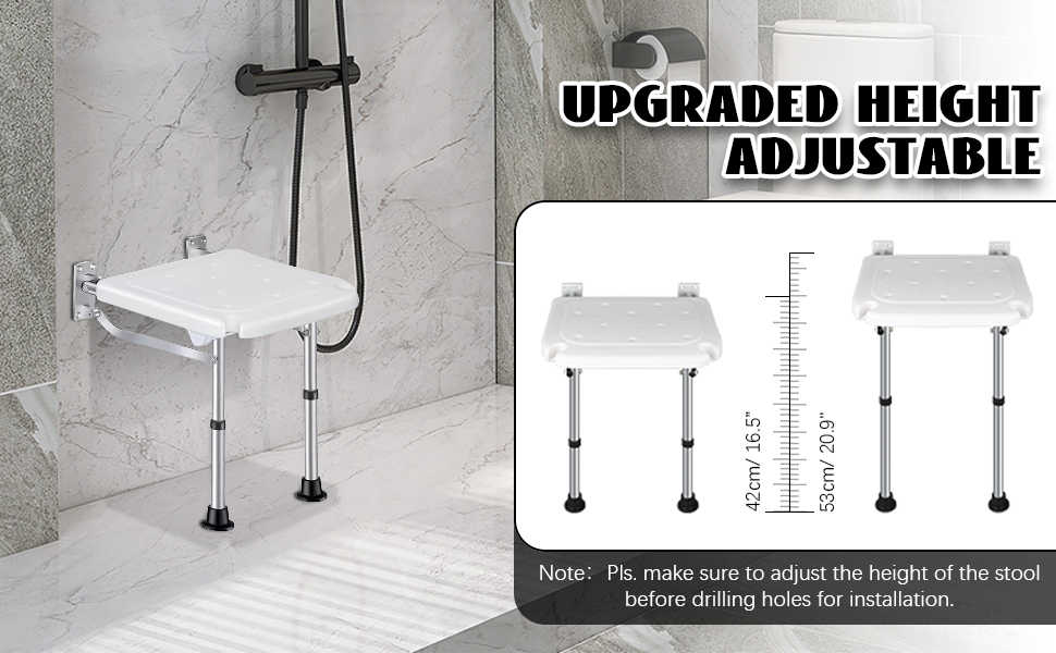 con asiento blanco y patas de metal. Se muestra instalado en un azulejo baño con grifo de ducha visible.