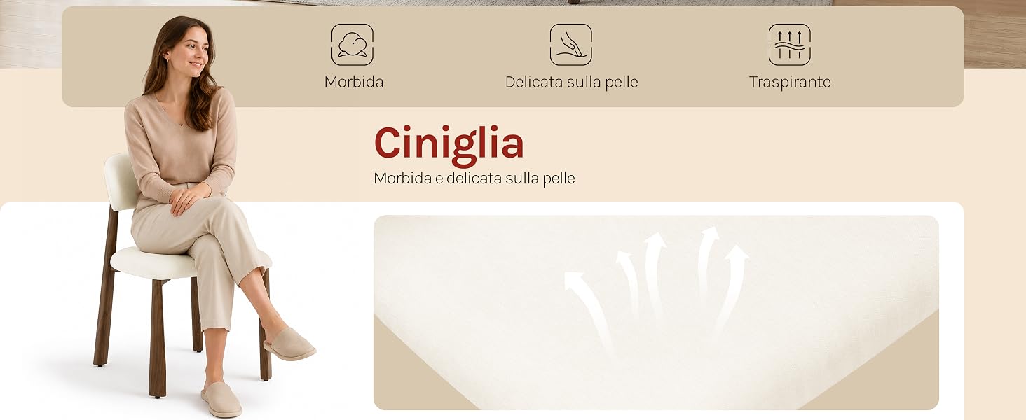 Il testo recita «Ciniglia» con sottolineatura decorativa. Espositore del prodotto che mostra una donna seduta su una sedia di colore chiaro accanto a un tessuto o tessuto piegato color crema/beige, che suggerisce un prodotto da tappezzeria o da arredamento.