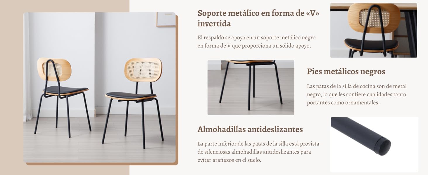 El texto dice «Imagen 2». La pantalla de sillas minimalistas de madera se muestra en el diseño de la fotografía del producto con un texto superpuesto que describe las características.