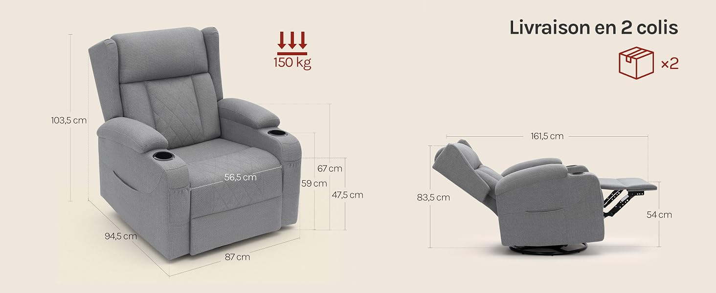 Le texte indique « Liveraison en 2 jours ». Fauteuil inclinable rembourré gris présenté sous deux angles avec repose-pieds allongé et position détendue.