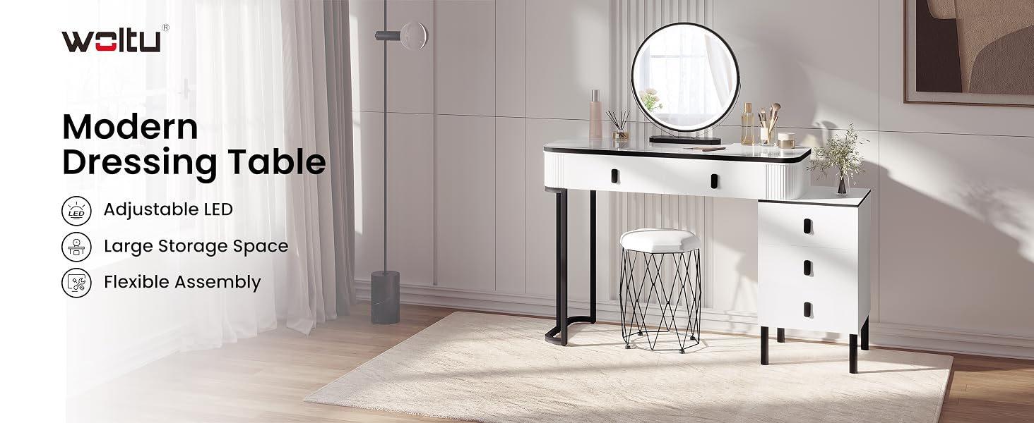 Modern white dressing table with LED mirror, multiple drawers, and metal frame. Features adjustable lighting, storage space, and flexible assembly options.