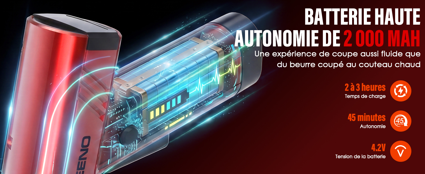Le texte indique « BATTERIE HAUTE », « AUTONOMIE DE... ». Batterie cylindrique rouge ou appareil d'alimentation avec bande bleue et spécifications techniques visibles sur l'emballage sur fond clair.