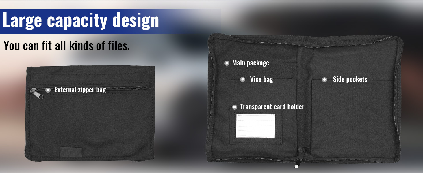 Text reads 'Large capacity design' and 'You can fit all kinds of files.' Black organizer with multiple compartments and pockets shown in expanded view, including transparent slot holder.
