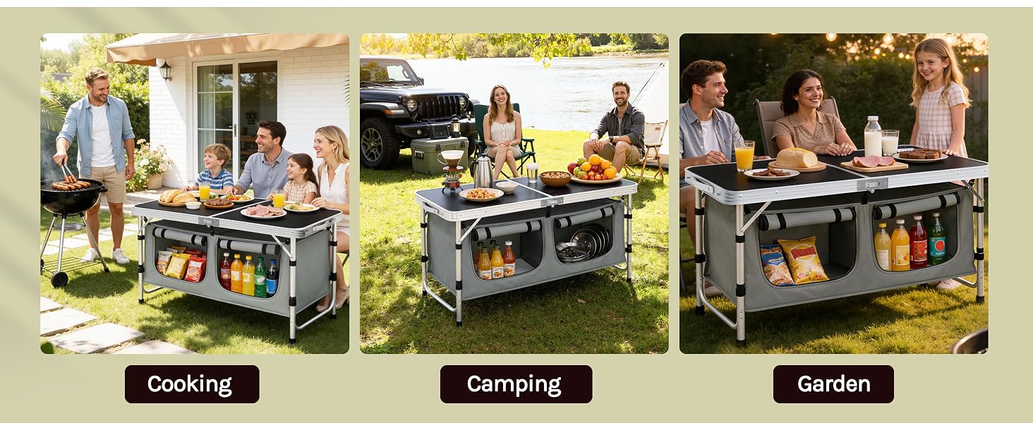 Text: 'Cooking', 'Camping', 'Garden'. Series of outdoor lifestyle images showing people gathered around portable furniture in various settings including cooking, camping and garden scenarios.