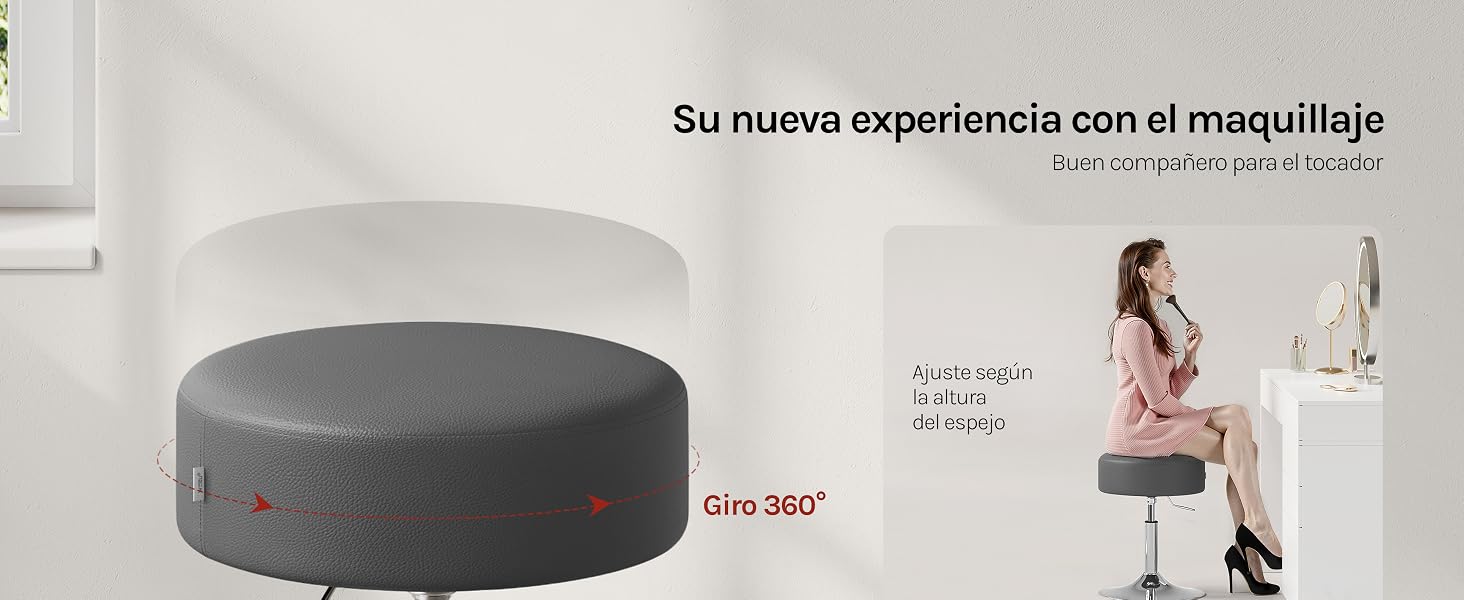 El texto dice:
[SENTENCE 14] «Su nueva experiencia con el maquillaje».
[SENTENCE 15] Muestra un taburete o asiento circular gris con capacidad de rotación de 360 grados.
