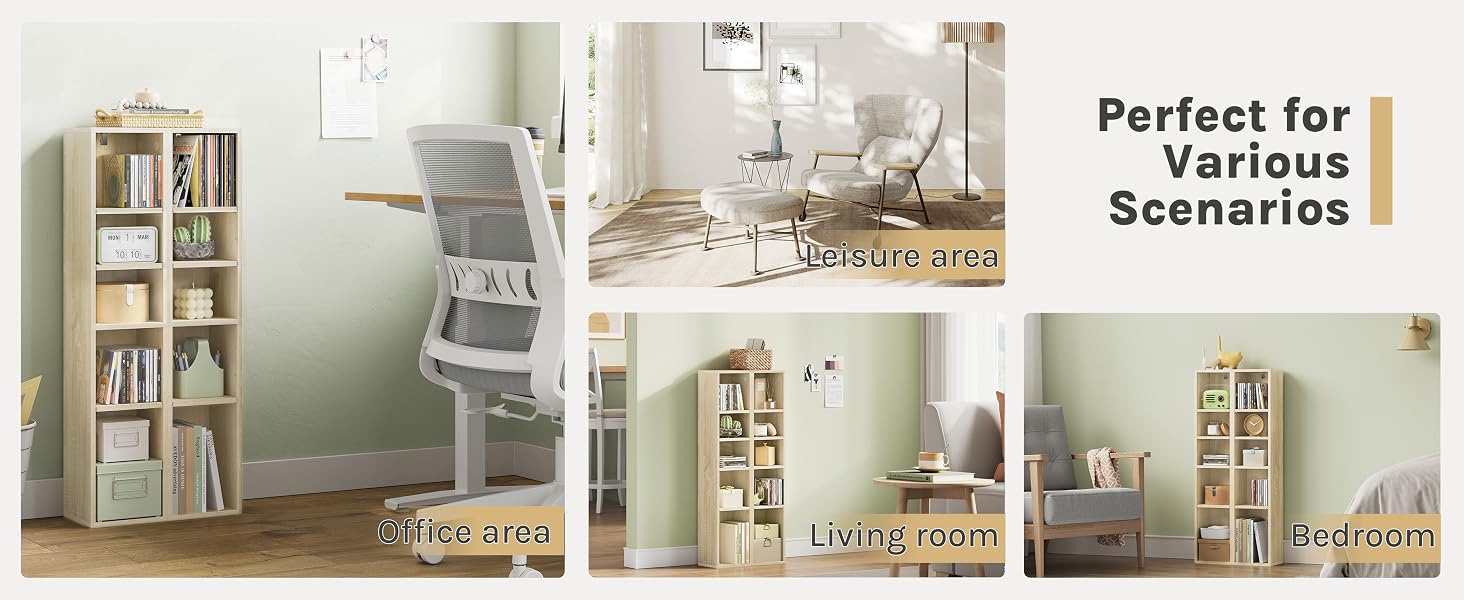 Text reads 'Perfect for Various Scenarios'. Grid of six interior room photos showing shelving unit placements in living rooms, bedrooms, and storage spaces.