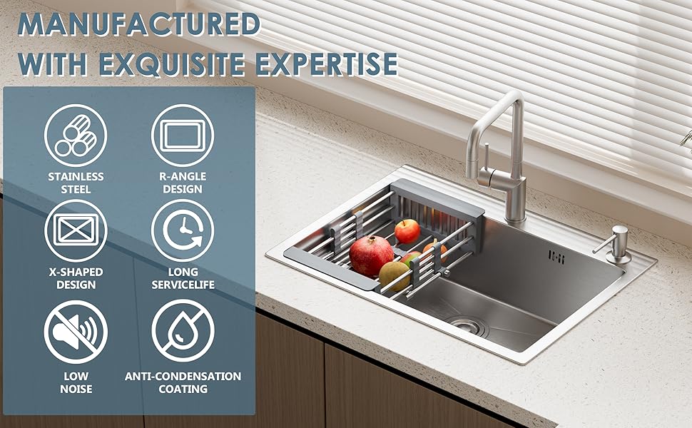 Lavello da cucina in acciaio inox con gocciolatoio integrato. Le caratteristiche includono il design con impugnatura a P, il lavabo a forma di S, una lunga durata, una bassa rumorosità e un rivestimento anticondensa. Il lavandino contiene mele