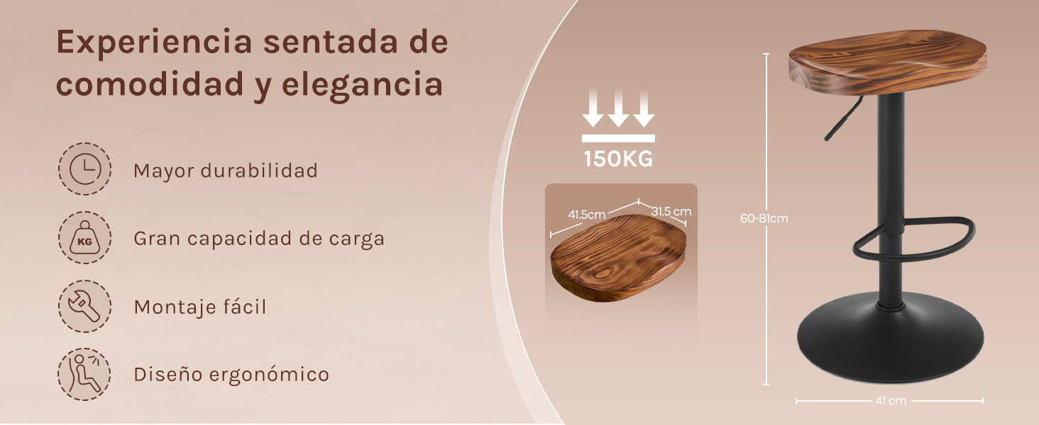 con asiento de madera y base de metal negro. Las características incluyen una capacidad de peso de 150 kg, un diseño ergonómico, un fácil montaje y una construcción duradera. Se muestran las dimensiones del producto