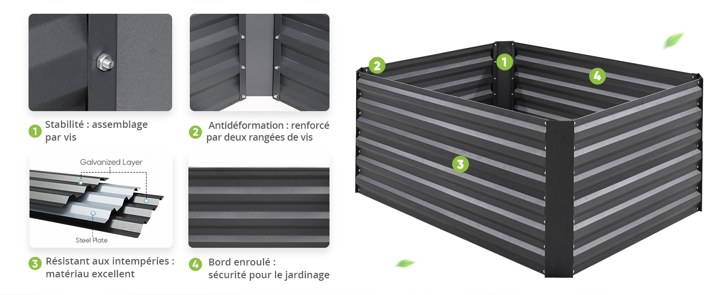 Plusieurs vues d'un système de rangement modulaire avec des panneaux gris foncé pouvant être assemblés selon différentes configurations. Le produit présente un design empilable avec des points de connexion verts.