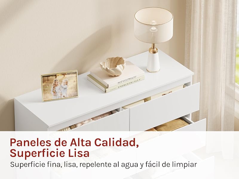 El texto dice «Paneles de Alta Calidad, Superficie Lisa» y «Superficie fina, lisa, repelente al agua y fácil de limpiar». Los paneles de pared blancos se muestran en varias vistas de la instalación.