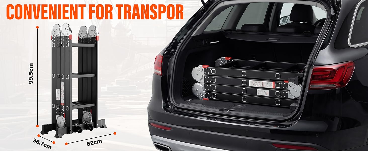 Il testo dice «COMODO PER IL TRASPORTO». Serie di immagini che mostrano le impostazioni di carico e trasporto nell'area di carico del veicolo con equipaggiamento nero.