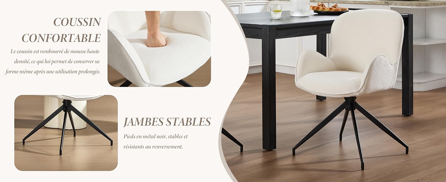 Table à manger contemporaine avec pieds en métal croisés et plateau de couleur claire. Plusieurs vues de produits montrent l'assemblage et le placement final dans la salle à manger.