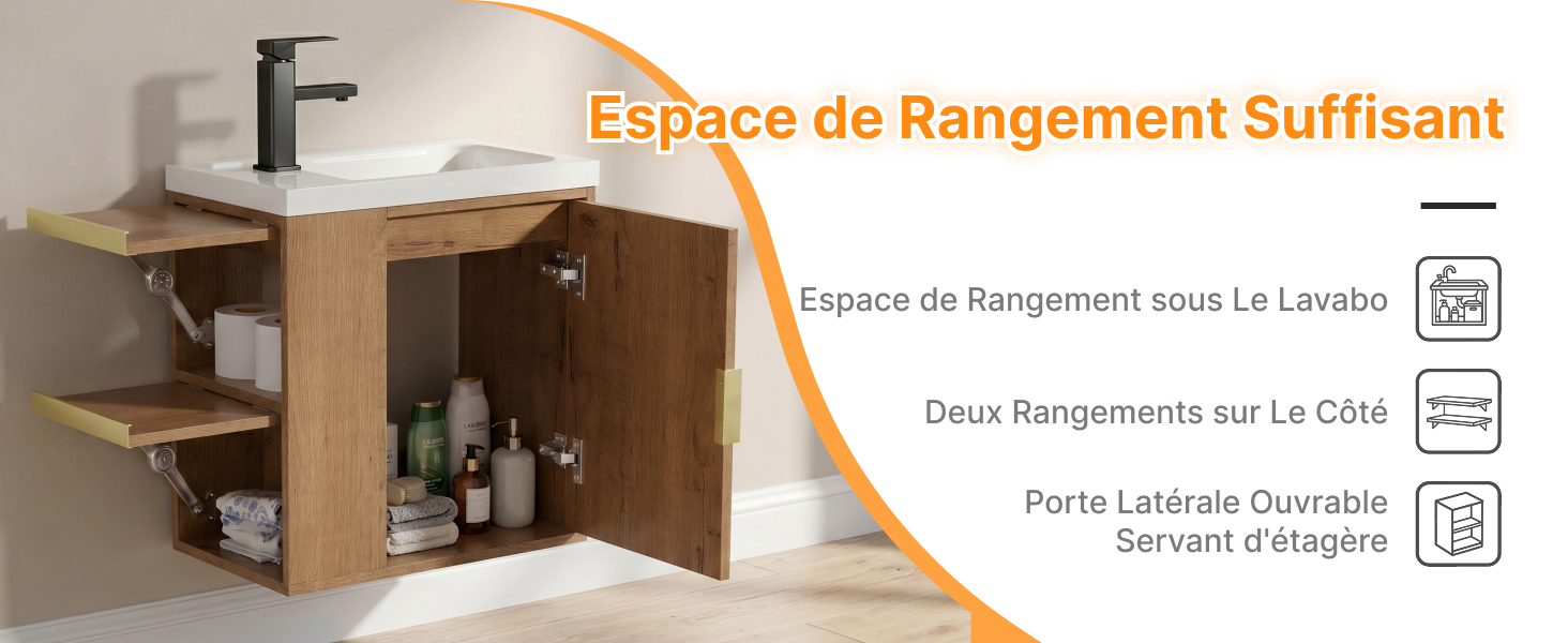 Le texte se lit comme suit : « Espace de rangement suffisant » avec sous-étiquettes en français. Meuble de rangement en bois avec compartiment ouvert présentant des articles de toilette et de soins personnels sur un comptoir blanc.
