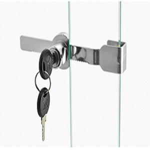 Glass door lock mechanism with cylinder, latch, and two keys. Metal construction, designed for securing glass panels or doors.